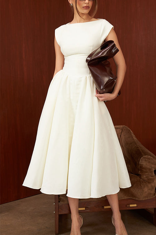 Karleedress Cap Sleeves Open Back Waisted Swing Midi Dress