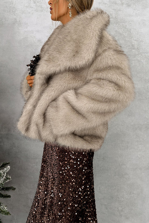 Karleedress Collared Open Front Winter Faux Fur Coat