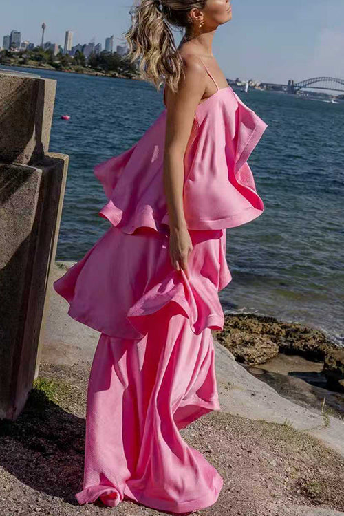 Karleedress Adjustable Strap Ruffle Layered Satin Maxi Dress