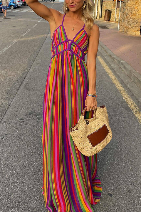 Karleedress V Neck Backless Rainbow Stripes Cami Maxi Holiday Dress