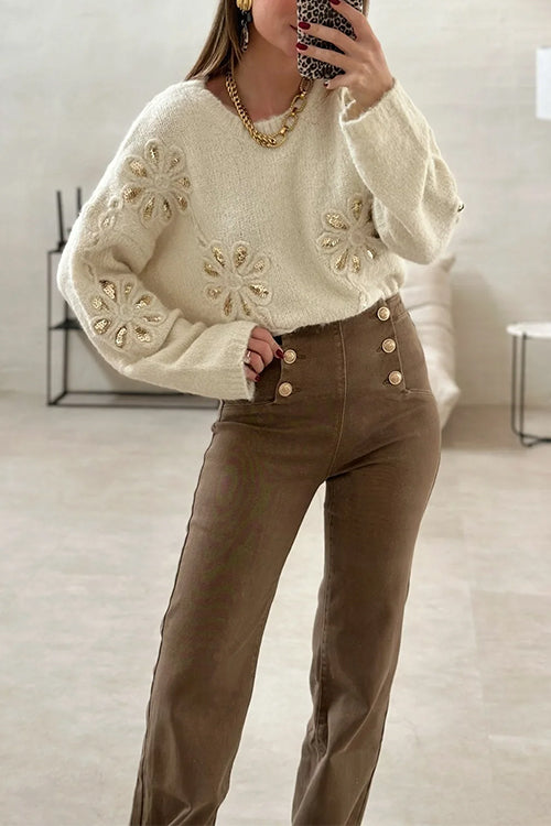 Crewneck Cozy Knit Sweater with Sequin Flowers