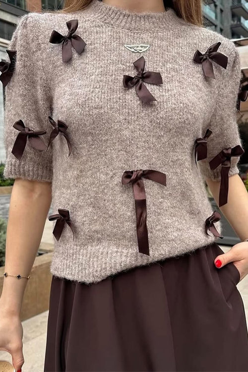 Crewneck Short Sleeves Bow Decorative Sweater Top