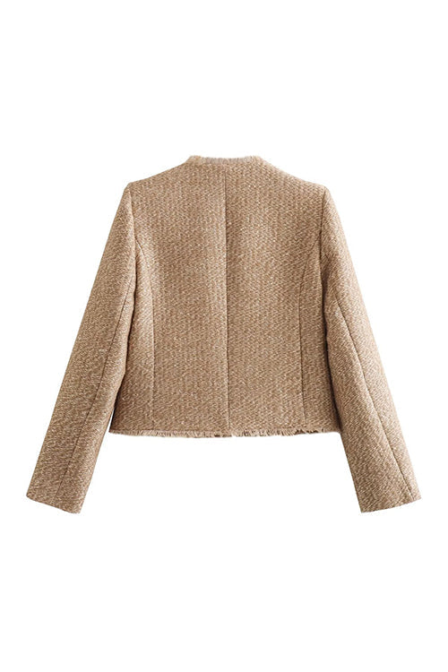 Karleedress Button Up Frayed Hem Short Tweed Jacket
