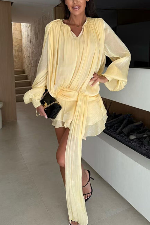 Karleedress Lantern Long Sleeves Draped Ruffle Layered Mini Dress with Shorts