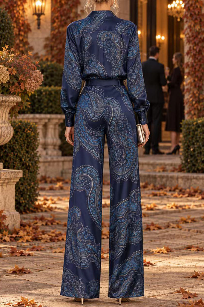 Karleedress Lapel Long Sleeves Shirt High Rise Pocketed Straight Leg Pants Paisley Print Set (B)
