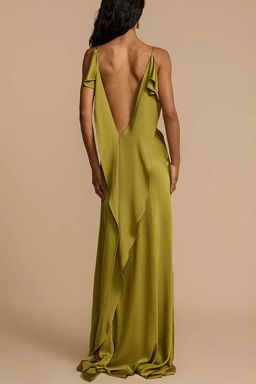 Karleedress High Slit Back Drape Cascading Satin Maxi Cami Dress