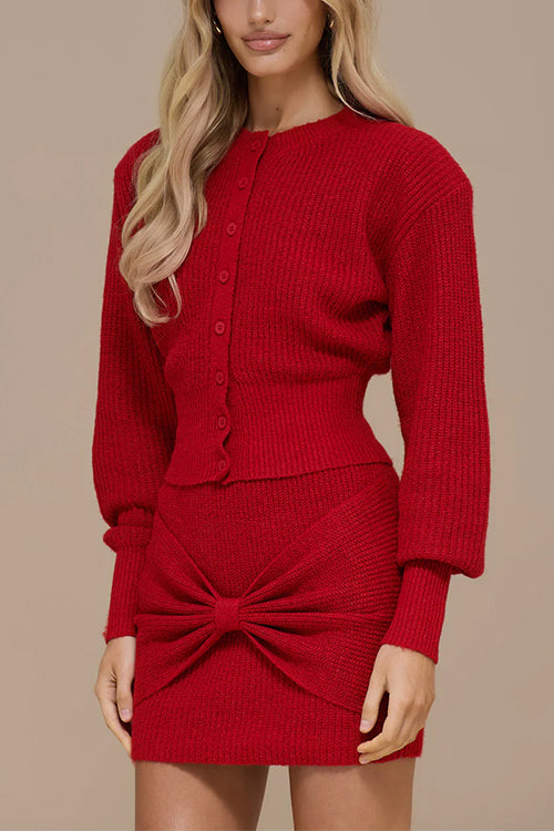 Lantern Sleeves Button Down Ribbed Knit Sweater Cardigan