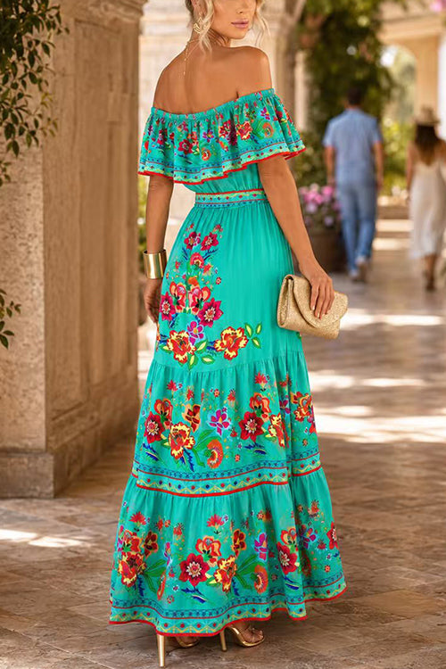 Karleedress Off Shoulder Bow Waist Floral Print Ruffle Tiered Maxi Dress