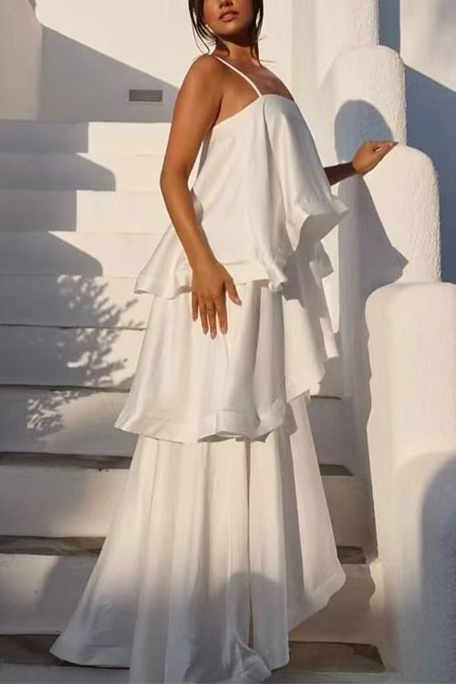 Karleedress Adjustable Strap Ruffle Layered Satin Maxi Dress