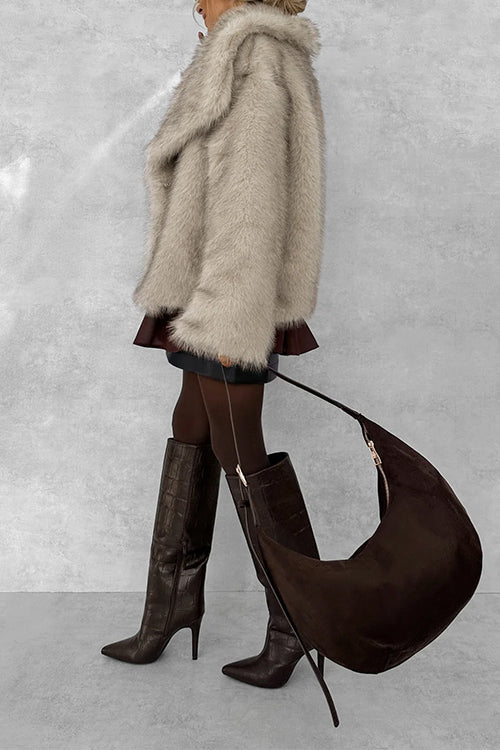 Karleedress Collared Open Front Winter Faux Fur Coat