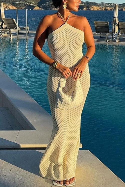 Karleedress Halter Open Back Hollow Out Knit Bodycon Maxi Dress