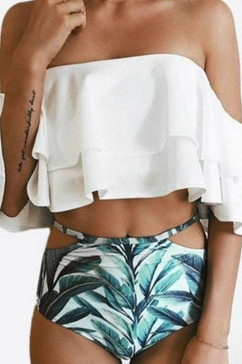 Karleedress Off Shoulder Ruffled Printed Bikini Set