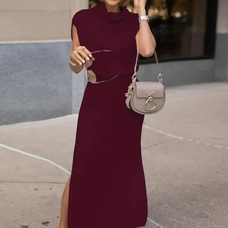 Cowl Neck Waisted Side Slit Midi Sweater Dress