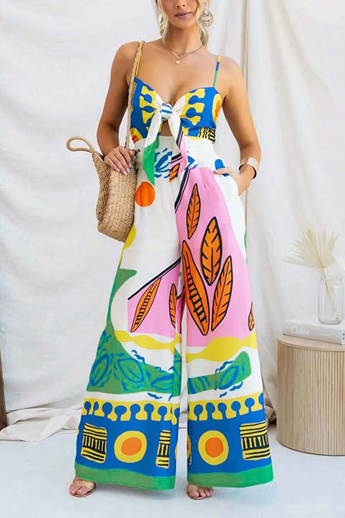 Karleedress Spaghetti Strap Cut Out Unique Print Wide Leg Jumpsuit