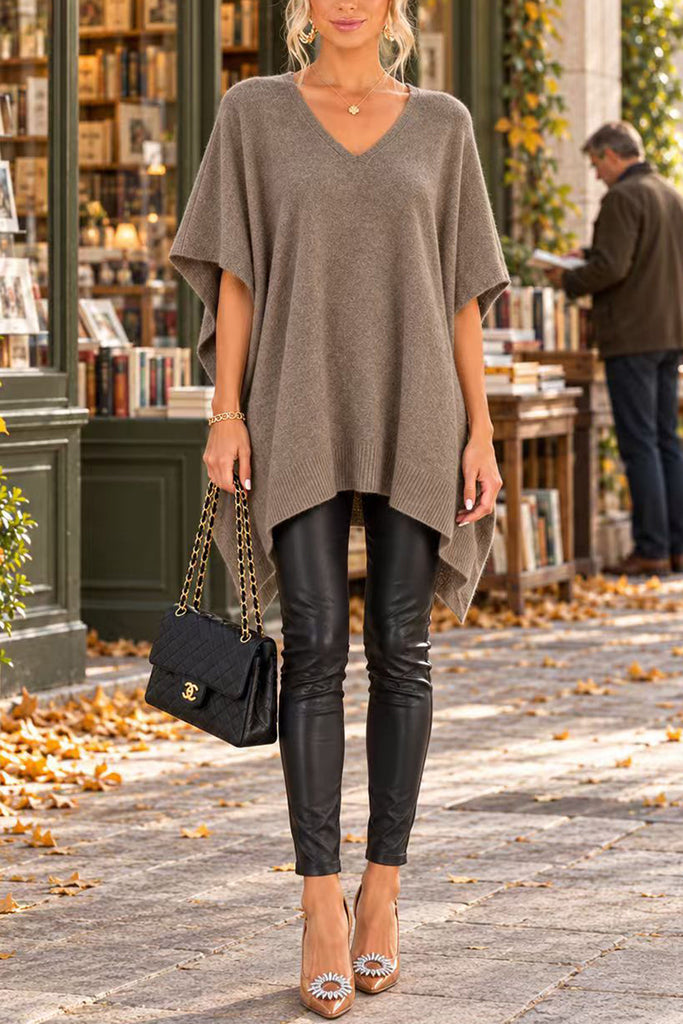 V Neck Loose Fit Solid Poncho Sweater (A)
