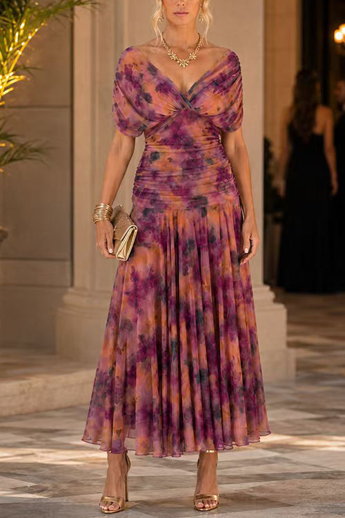 Karleedress V Neck Short Sleeves Floral Print Maxi Dress