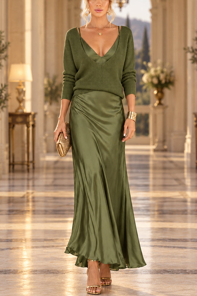 Karleedress V Neck Drop Shoulder Sweater and Satin Maxi Cami Dress Set (F)
