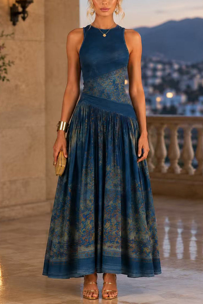 Karleedress Crewneck Sleeveless Printed Flowy Maxi Dress