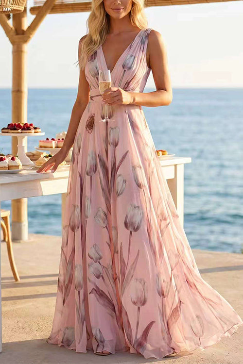 Deep V Neck Sleeveless Floral Print Swing Maxi Dress