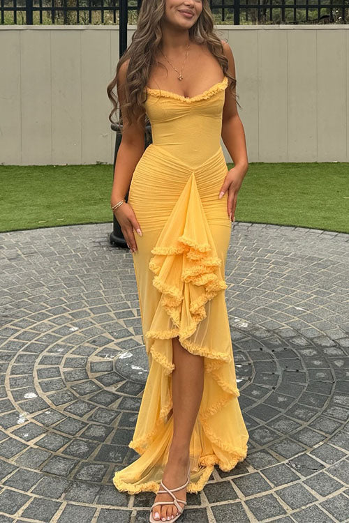 Karleedress Spaghetti Strap Frill Trim Draped Slit Maxi Dress