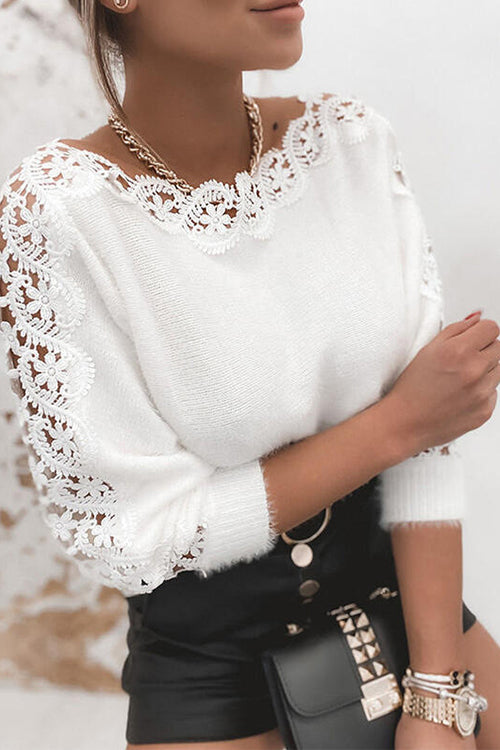 Karleedress Hollow Out Lace Splice Long Sleeves Knit Top