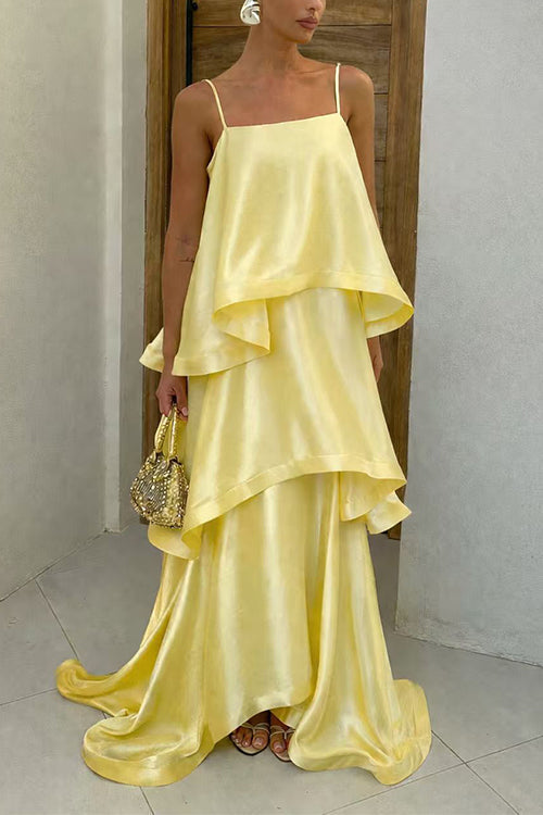 Karleedress Spaghetti Strap Ruffle Layered Satin Maxi Dress