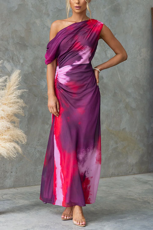 One Shoulder Ruched Waist Tie Dye Maxi Dress