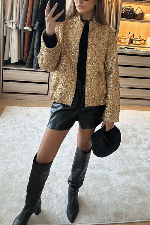 Karleedress Stand Collar Zip Up Pocketed Sequin Jacket