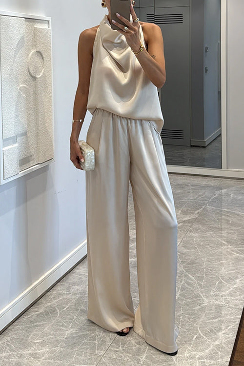 Cowl Neck Sleeveless Top and Wide Leg Pocketed Pants Satin Set