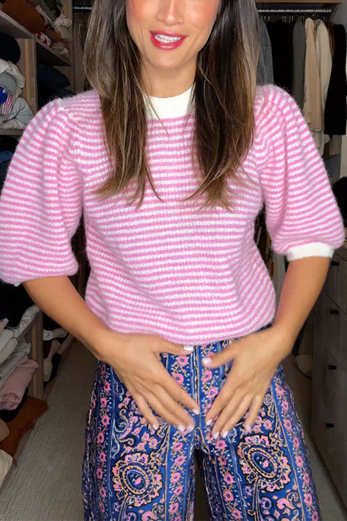 Crewneck Puff Half Sleeves Striped Pullover Sweater