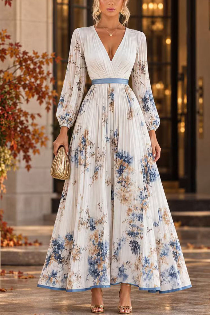 Karleedress V Neck Lantern Long Sleeves Floral Print Pleated Maxi Dress (A)