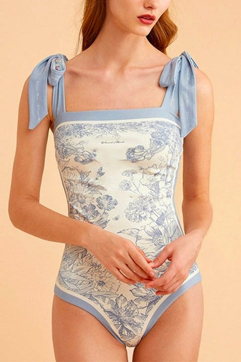 Karleedress Bow Shoulder Floral Print One-piece Swimsuit