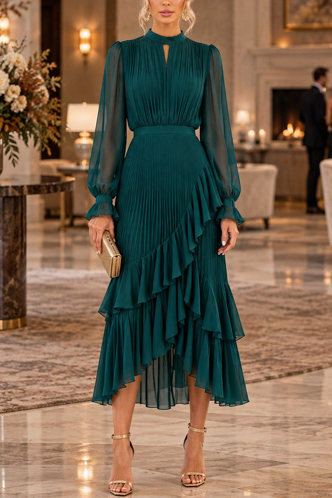 Karleedress Mock Neck Sheer Sleeve Pleated Ruffle High-Low Midi Dress (D)