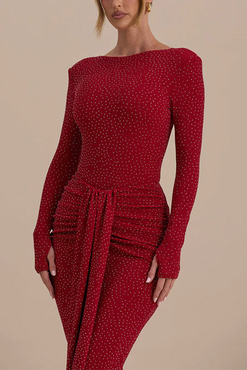 Boat Neck Long Sleeves Rhinestone Sparkle Top with Thumb Holes