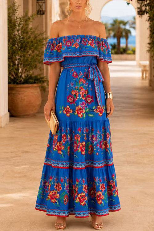 Karleedress Off Shoulder Bow Waist Floral Print Ruffle Maxi Dress