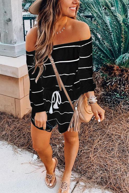 Karleedress Off Shoulder Drawstring Waist Striped Shorts Jumpsuit
