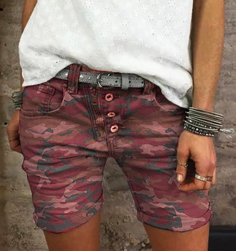 Karleedress Elastic Waist Buttons Skinny Camo Shorts