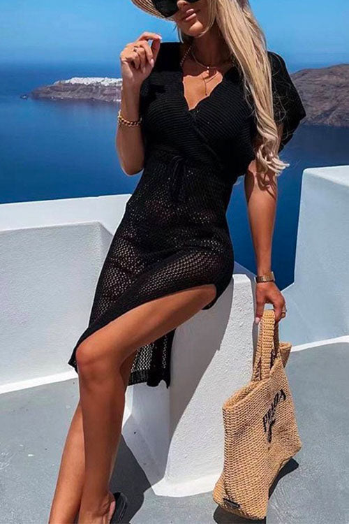 Karleedress Wrap V Neck Tie Waist Side Split Cover Up Dress