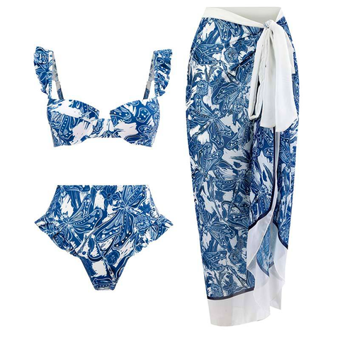 Karleedress Ruffle Trim Two-Piece Swimwear and Wrap Cover Up Skirt Print Set