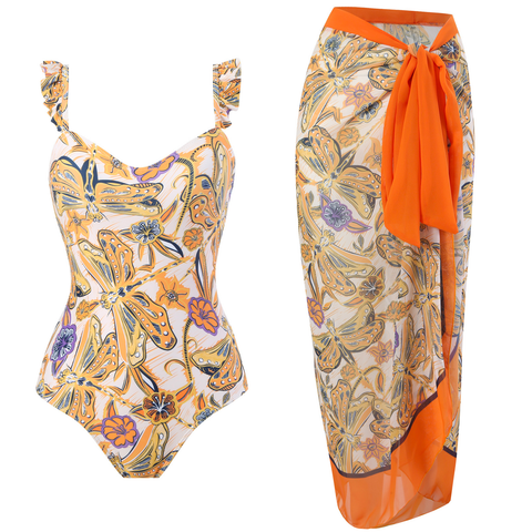 Karleedress Dragonfly Print Ruffle One-piece Swimsuit and Wrap Cover Up Skirt Set