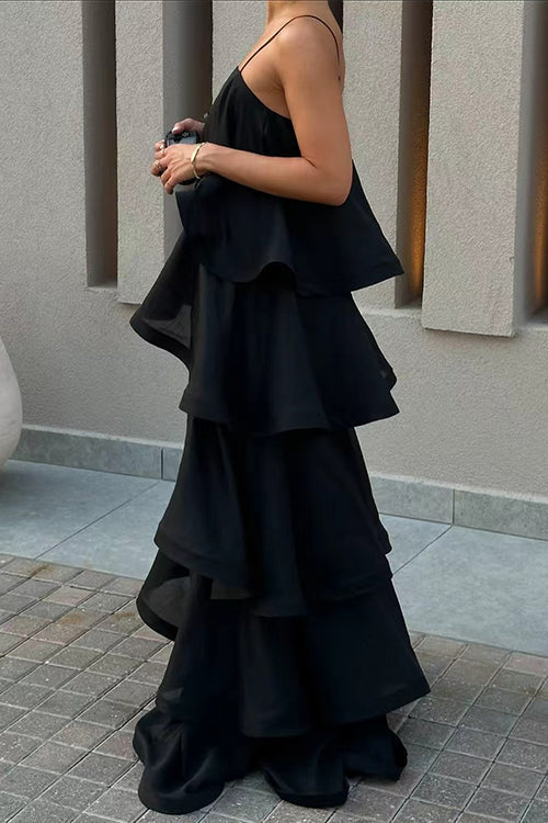 Karleedress Adjustable Strap Ruffle Layered Satin Maxi Dress