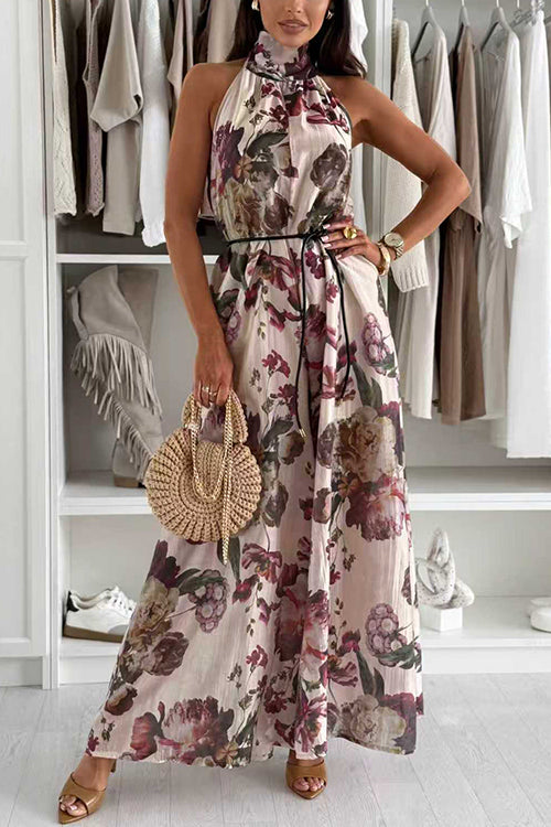 Halter Neck Backless Floral Print Palazzo Jumpsuit