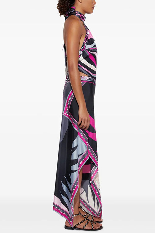 Karleedress Printed Halter Tie Knot Backless Top and Irregular Hem Maxi Skirt Set