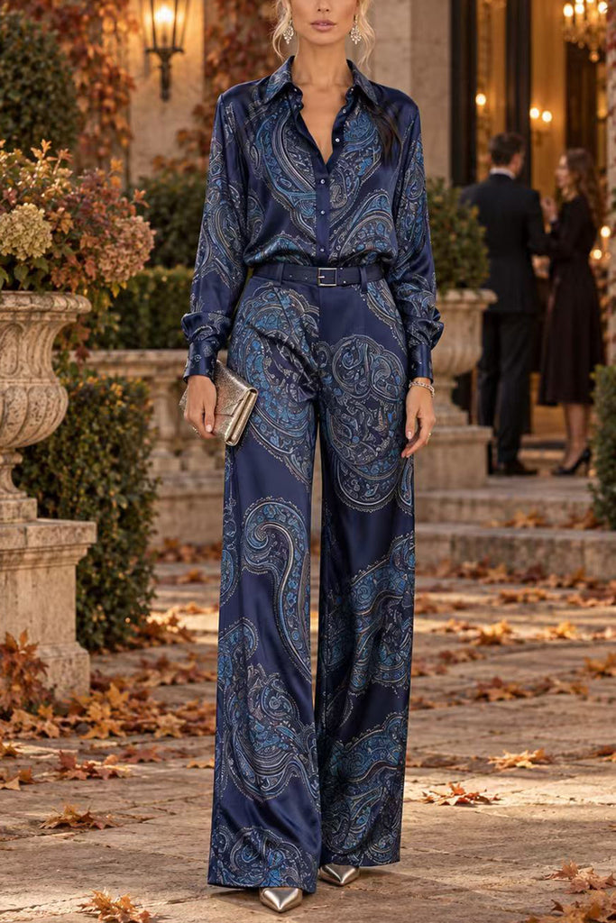 Karleedress Lapel Long Sleeves Shirt High Rise Pocketed Straight Leg Pants Paisley Print Set (C)