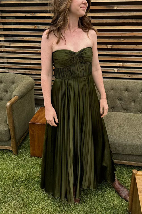 Strapless Twist Front Pleated Swing Maxi Dress