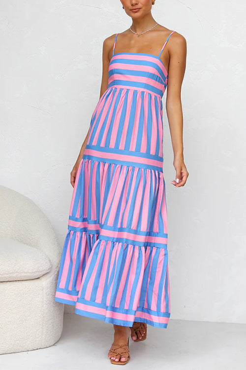 Karleedress Spaghetti Strap Tiered Color Block Striped Maxi Dress