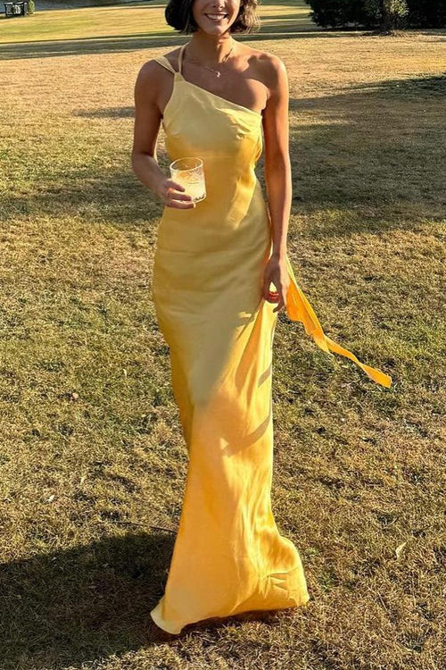 Karleedress One Shoulder Open Back Tie Knot Satin Maxi Dress
