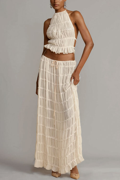 Karleedress Frilled Halter Open Back Crop Top and Pleated Maxi Skirt Set