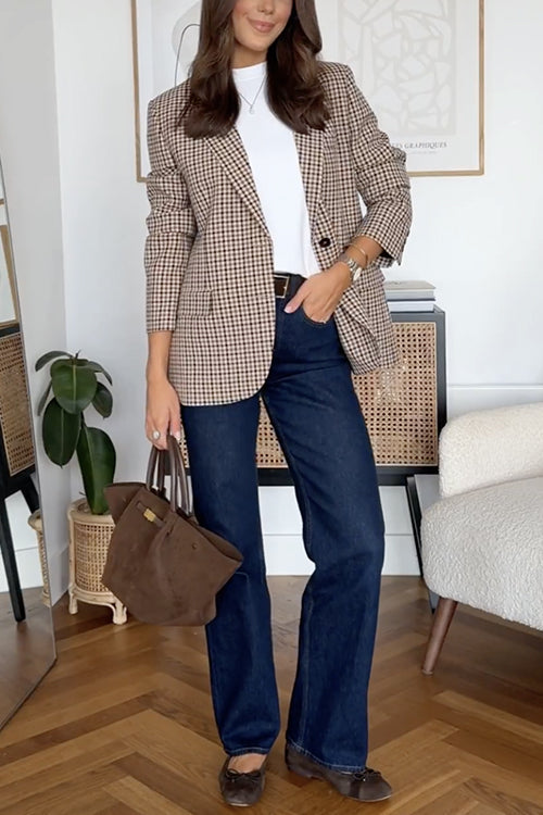 Karleedress Notch Lapel Single Breasted Plaid Blazer