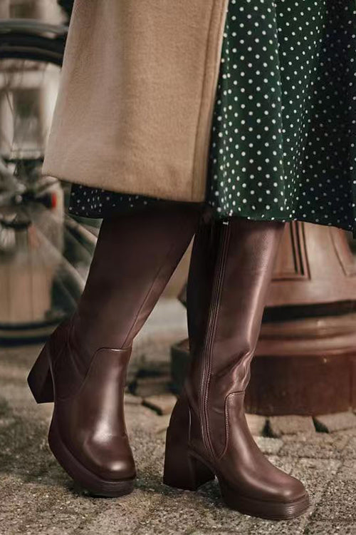 Karleedress Square Toe Chunky Block Side Zipper High Boots